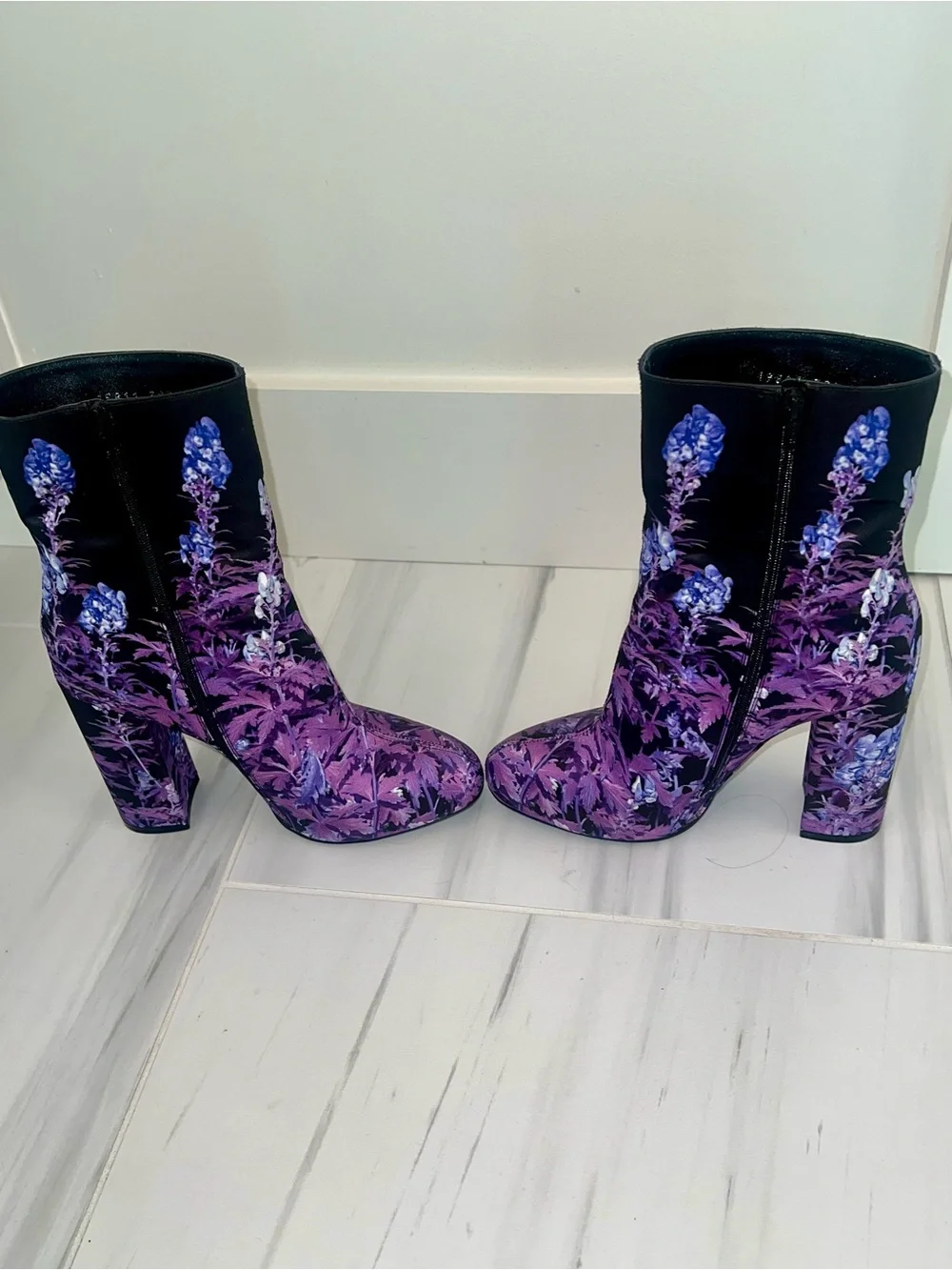 Dries Van Noten Black & Purple Floral Block-Heel Ankle Boots-LIKE NEW